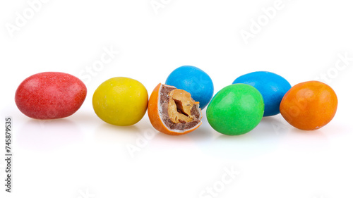 Peanuts covered with chocolate and colored caramel. Chocolate dragee.