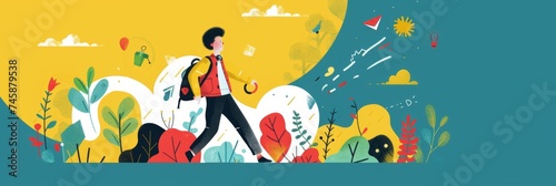 Vibrant illustration of a person journeying through nature - Richly colored journey depiction with a human figure traversing a flourishing natural path with objects representing ideas and challenges
