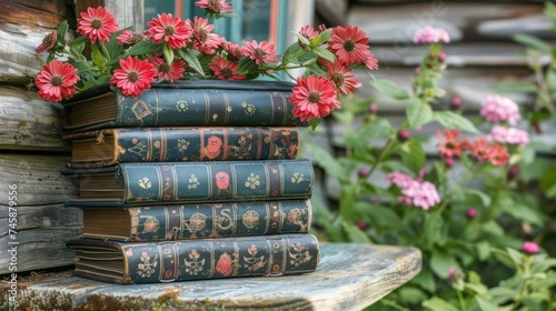A Serene Retreat: Vintage Books Amidst Blossoming Flowers
