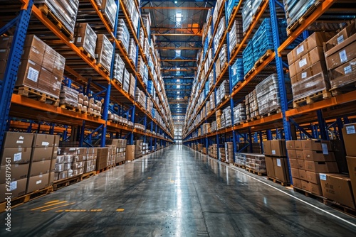 Expansive Warehouse Interior with High Stacked Shelves