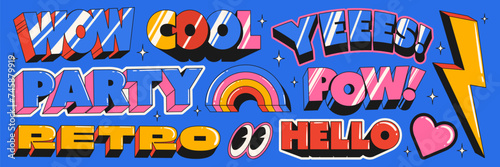 A set of cool retro stickers with comic book style words. 