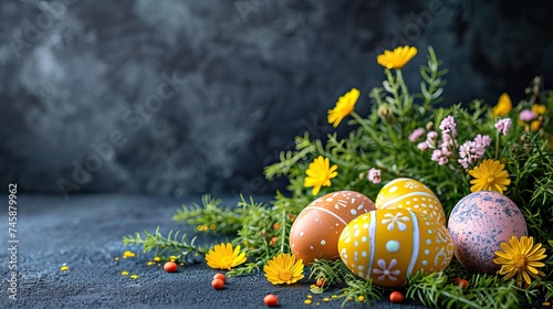 Easter spring floral background or banner with bright  bold flowers  Easter eggs and green leaves  happy holiday mood  AI generated