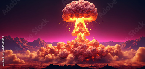Nuclear explosion of an atomic bomb with a mushroom cloud. Apocalyptic Armageddon with weapons of mass destruction.