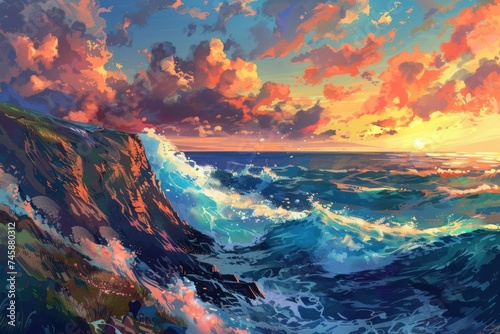 watercolor of Coastal cliffs with crashing waves below and a dramatic sunset nature landscape