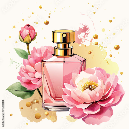 a beautiful pink perfume bottle with pions in the glamour style, golden glitter watercolor illustration on white background
