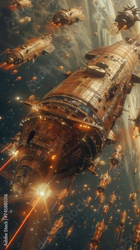 Trojan War reenacted in space gigantic wooden spacecrafts celestial battlegrounds and laser spears photo