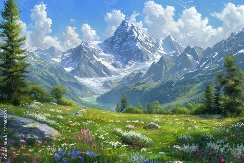 watercolor of A tranquil alpine meadow with wildflowers and a snow capped mountain backdrop idyllic nature landscape