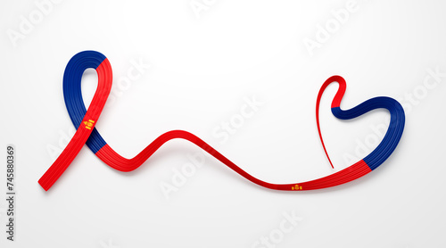 3d Flag Of Mongolia Heart Shape Shiny Wavy Awareness Ribbon Flag White Background 3d Illustration