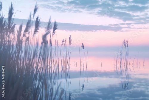 A serene wetland at twilight with reflections of tall reeds and a pastel sky peaceful nature landscape