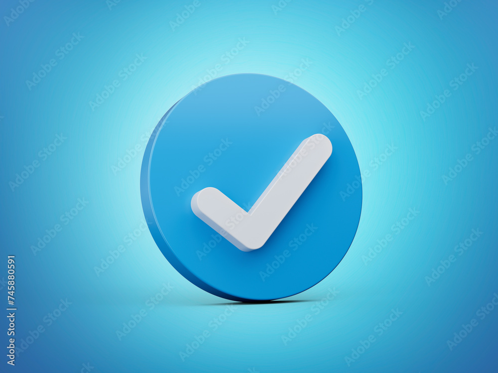 3d shiny blue light with rounded blue icon and white check mark on blue background 3d illustration 3d shiny blue light with rounded blue icon and white check mark on blue background 3d illustration