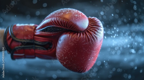 The Frozen Punch: A Glistening Red Boxing Glove Amidst a Snowy Ambiance
