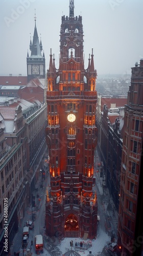 Glowing Majesty: A Snow-Kissed Evening at the Illuminated Historic Tower
