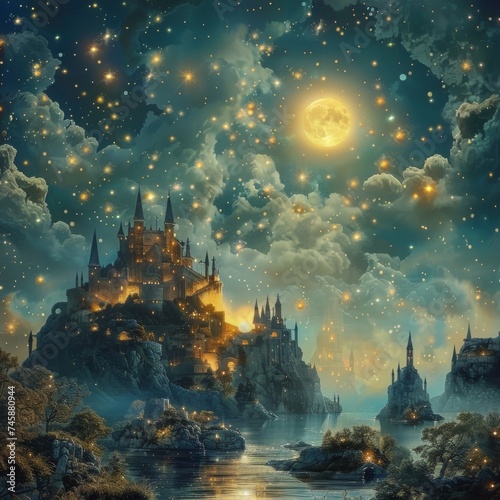 Nostalgic dreamworld shimmering stars in a night sky retro fantasy landscape soft glowing moonlight