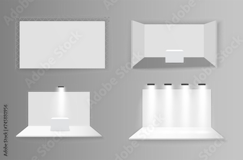 Scene show Podium for presentations. White empty promotional 3D exhibition booth. White empty indoor exhibition stand for presentation with spotlight on the gray background. Vector illustration