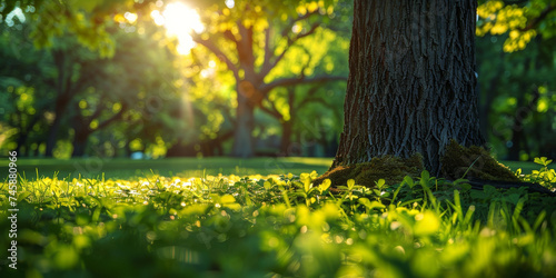 Dappled Sunlight: Serene Park Scene. Sunlight filtering through lush green leaves in a peaceful park.