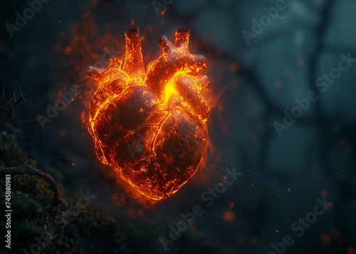 Concept of heart pain. Burning human heart with blood vessels  3D illustration showing human heart anatomy