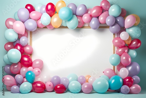Balloons, ranging in size, create a lively border around an empty birthday frame, inviting the lens to capture the upcoming festive memories in sharp detail.