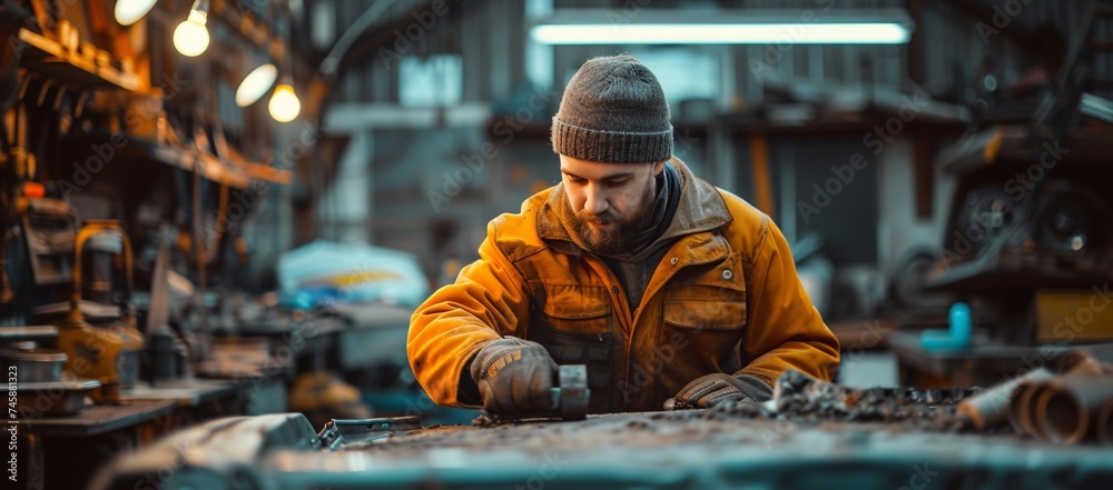 Skilled craftsman concentrating on work in a dimly lit workshop Skilled craftsman concentrating on work in a dimly lit workshop