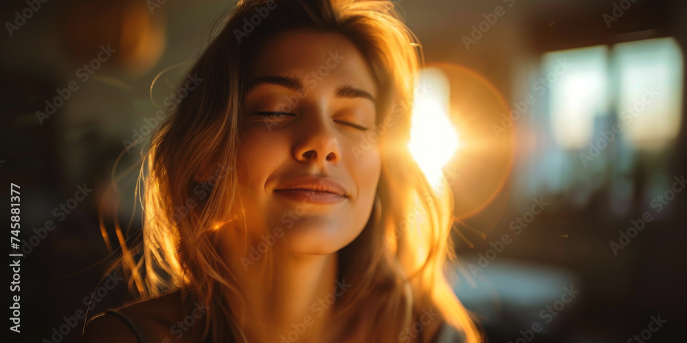 Obraz premium Warm Glow: Woman Embracing Light. Close-up of a woman basking in warm sunlight with closed eyes.