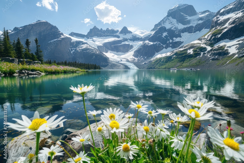 Pristine alpine lake reflecting the surrounding snow capped mountains with wildflowers dotting the shoreline showcasing natures pristine beauty