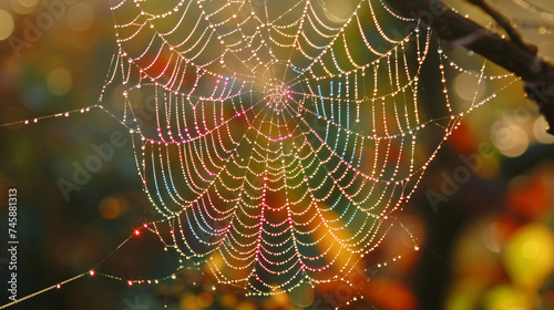 A close-up shot of a spider web covered in dew.