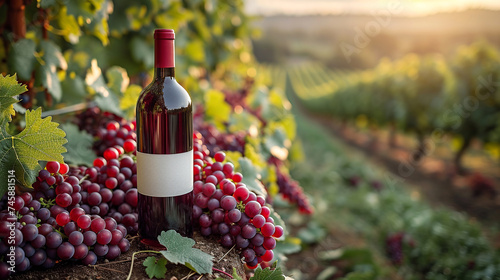 Red wine bottle with blank label and grapes in vineyard at sunset.