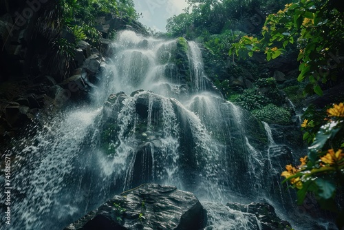 Majestic waterfall cascading into a lush fern gully surrounded by vibrant greenery capturing the powerful and refreshing essence of the natural world
