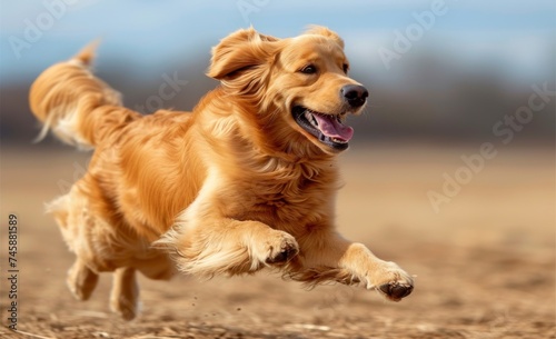Golden retriever dog running and jumping happily 