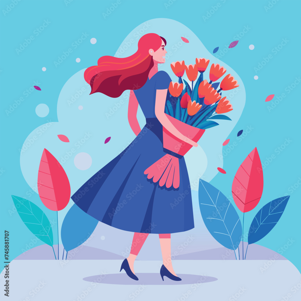Fototapeta premium Women's day A girl in a dress holds a huge bouquet of flowers in her hands