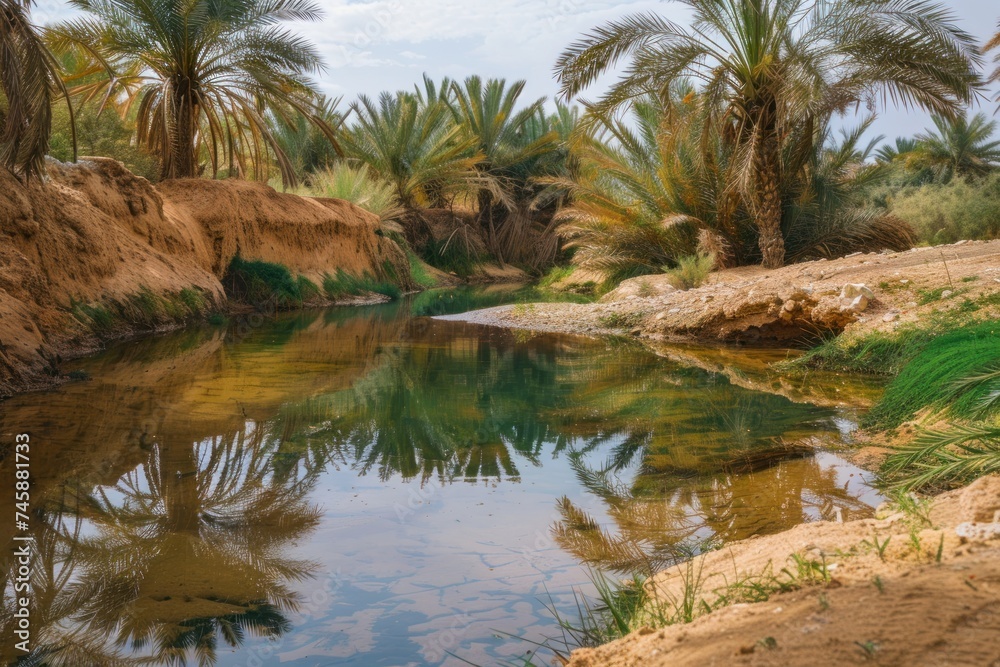 Desert oasis scene with palm trees and a clear reflective water pool contrasting the surrounding arid landscape with a spot of verdant life Desert oasis scene with palm trees and a clear reflective water pool contrasting the surrounding arid landscape with a spot of verdant life