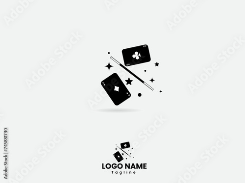 Magic logo design with game card and magic stick. Magician. Wizard. Business. Star. Magic stick logo design. KIds. Premium template