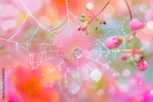 Ethereal macro shot of a water droplet suspended on a delicate spider web among flowering plants blending art with nature in magazine style