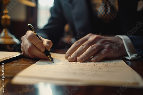Businessman is hand holding a pen and writing a paper report in the office. AI Generated