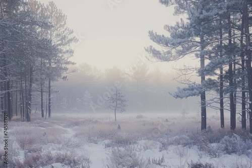 A frosty morning scene in a pine forest with snow covered trees and a gentle mist encapsulating the quiet and stillness of winter