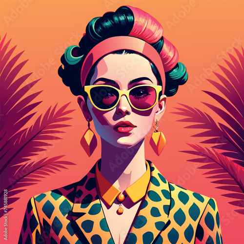 a woman full body in a leopard print shirt and sunglasses clip art pink face dressed in expensive clothes