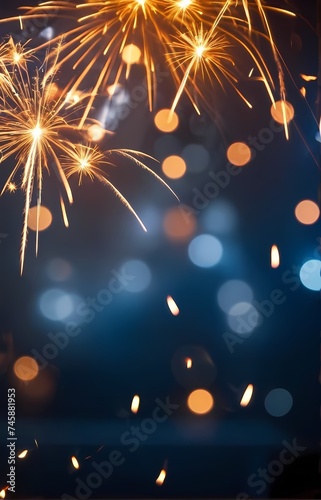 Generative AI. Glowing yellow sparkler on the right side of the image with a dark blue background with blurred lights.