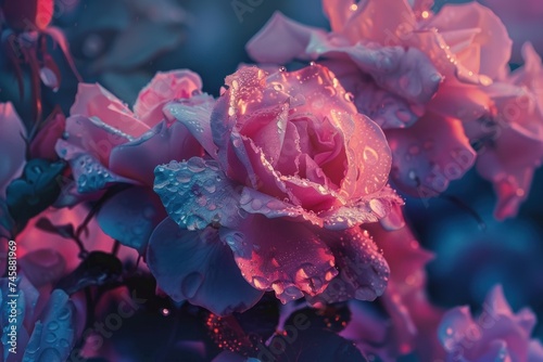 Captivating close up of dew kissed roses at dawn showcasing intricate petal textures and vibrant colors