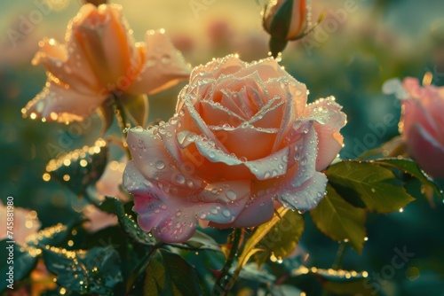 Captivating close up of dew kissed roses at dawn showcasing intricate petal textures and vibrant colors