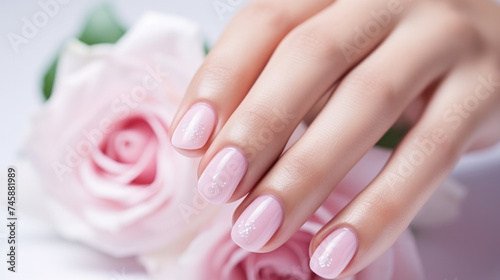 Pink rose with manicure hands on white background