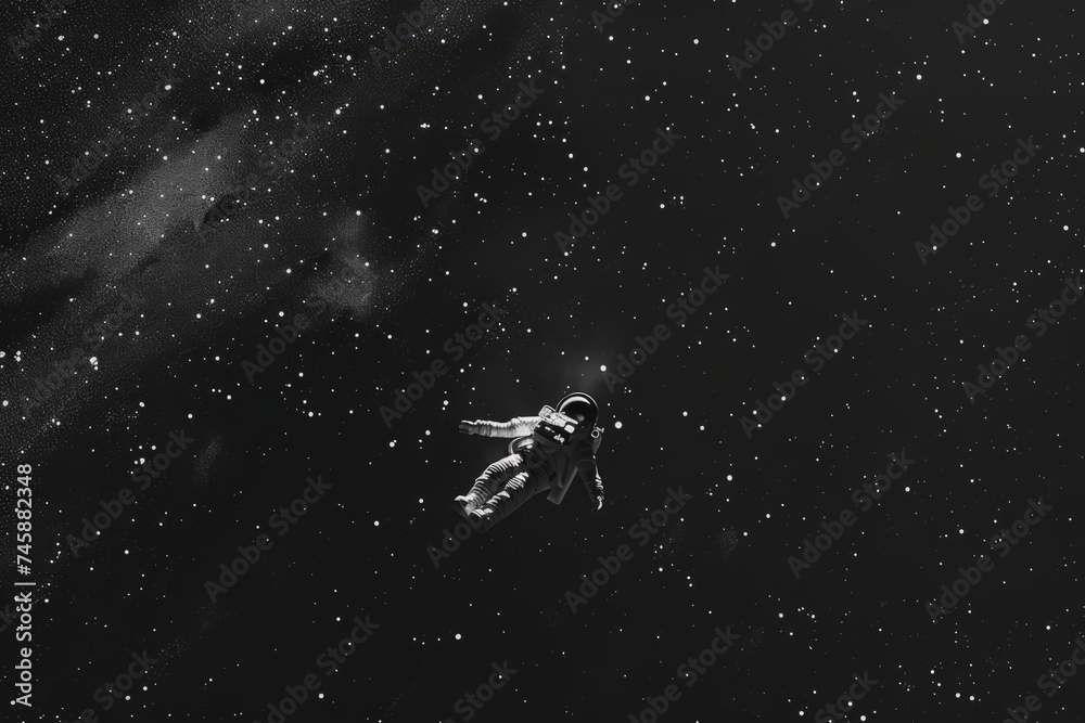 Astronaut spaceman in outer space. In style of black and white illustration.