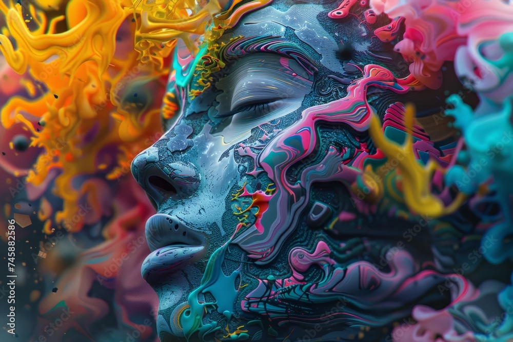 Female face with colorful liquid paint. Creative mind concept.