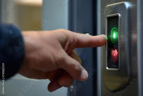 Finger on biometric lock with green and red lights indicating access status.
