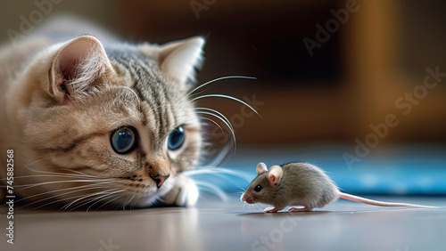 Cute little kitten and mouse on floor at home. © tbralnina