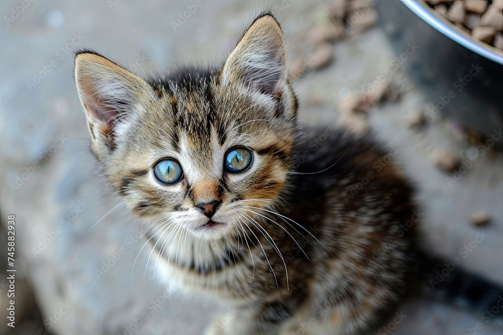 Cute little kitten eating dry food from bowl.