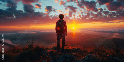 Horizon Gazer: Solitude at Sunset. Silhouette of a person standing on a mountain overlooking a sunset.