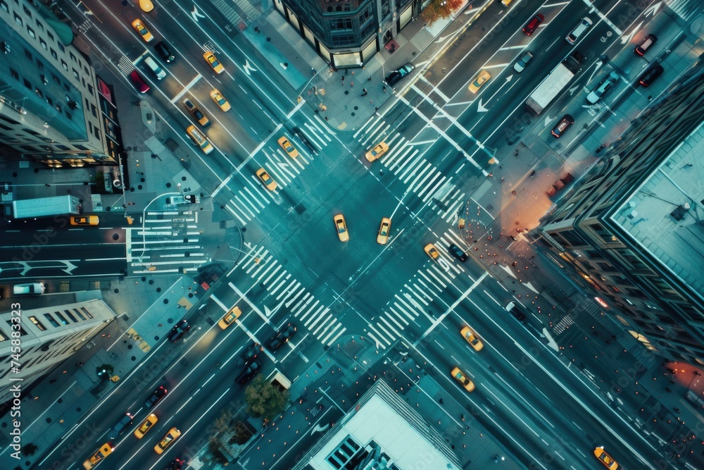 Aerial view of bustling city intersection with multiple lanes, traffic lights, and vivid yellow taxis - obrazy, fototapety, plakaty 