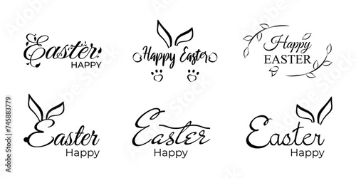 Set doodle hand-drawn lettering Happy Easter. Vector typography text isolated logo without background with symbols, badges for a banner, invitation, poster.