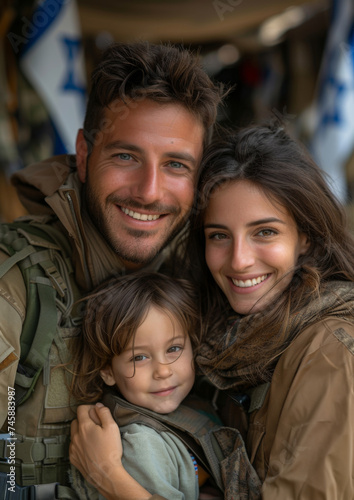 Israeli smiling soldier hugs his wife and child against the background of the Israeli flag  © Denis