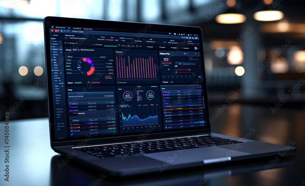 laptop Showing business analytics dashboard with charts, metrics, and KPI to analyze performance and create insight reports for operations management. Data analysis concept laptop Showing business analytics dashboard with charts, metrics, and KPI to analyze performance and create insight reports for operations management. Data analysis concept