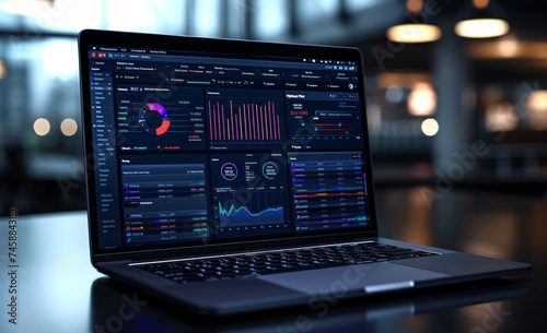 laptop Showing business analytics dashboard with charts, metrics, and KPI to analyze performance and create insight reports for operations management. Data analysis concept © Denis